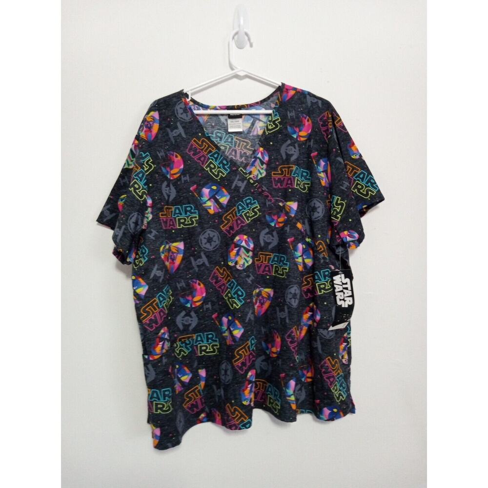 Star Wars Women's Scrub Top Multicolor Rainbow Surplice Darth Vader Cotton 3XL